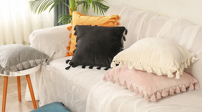 Velvet Tassel Living Room Sofa Pillowcase for Solid Color Modern Minimalist Style Cushion Cover